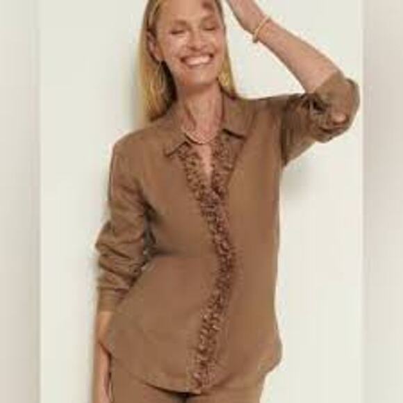 Chico's Tops - Chico’s Linen Ruffle Trim Button Front Top Tan Easy Fit Women’s Size 1 (8)